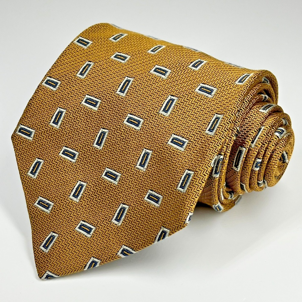 Harold Powell Repp Silk Men's Necktie Gold Geometric Rectangles Made In Italy